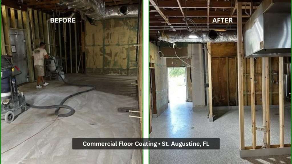 Before and after commercial floor coating project in St. Augustine FL